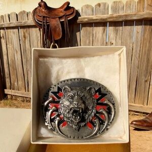 Siskiyou Grizzly Bear Belt Buckle|Made in USA  Red & Black Accents